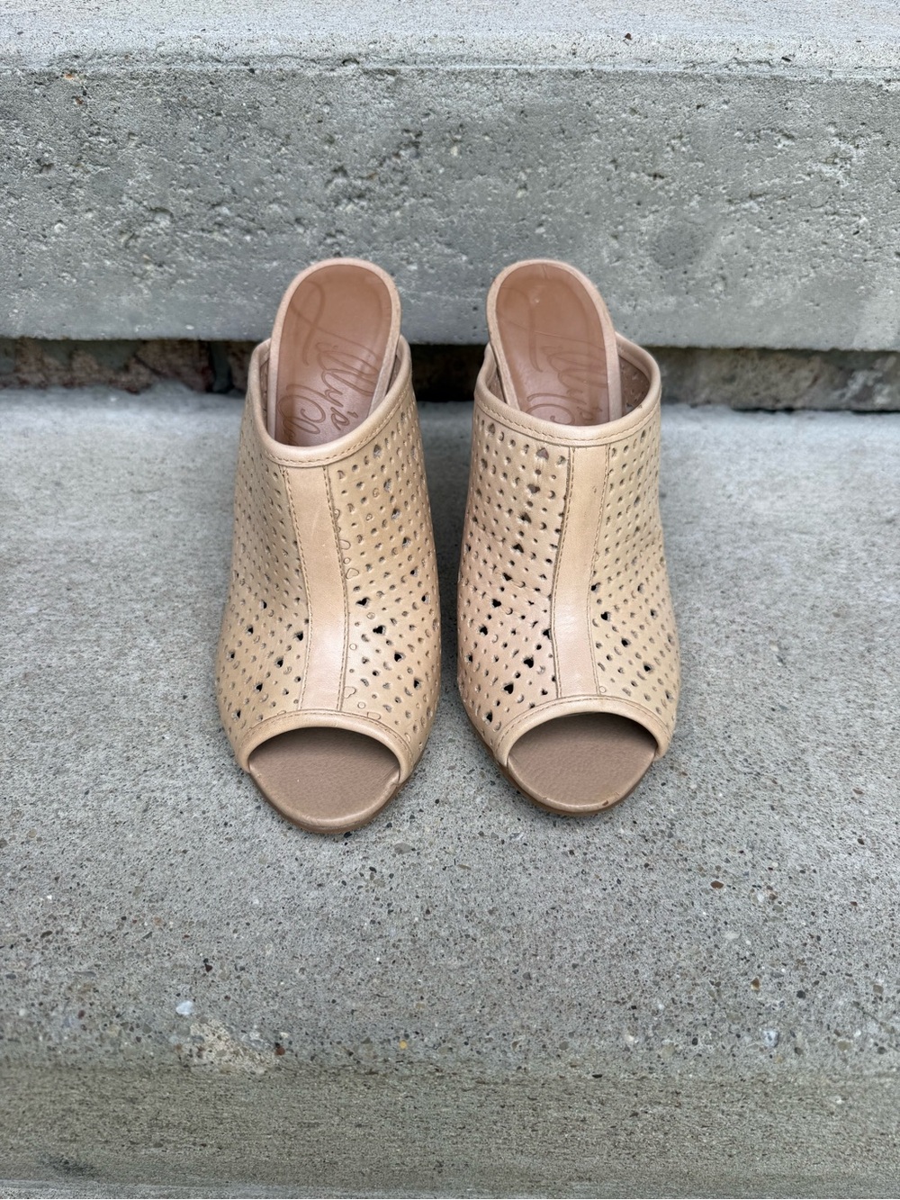 Beige Perforated Peep-Toe Mule Heels